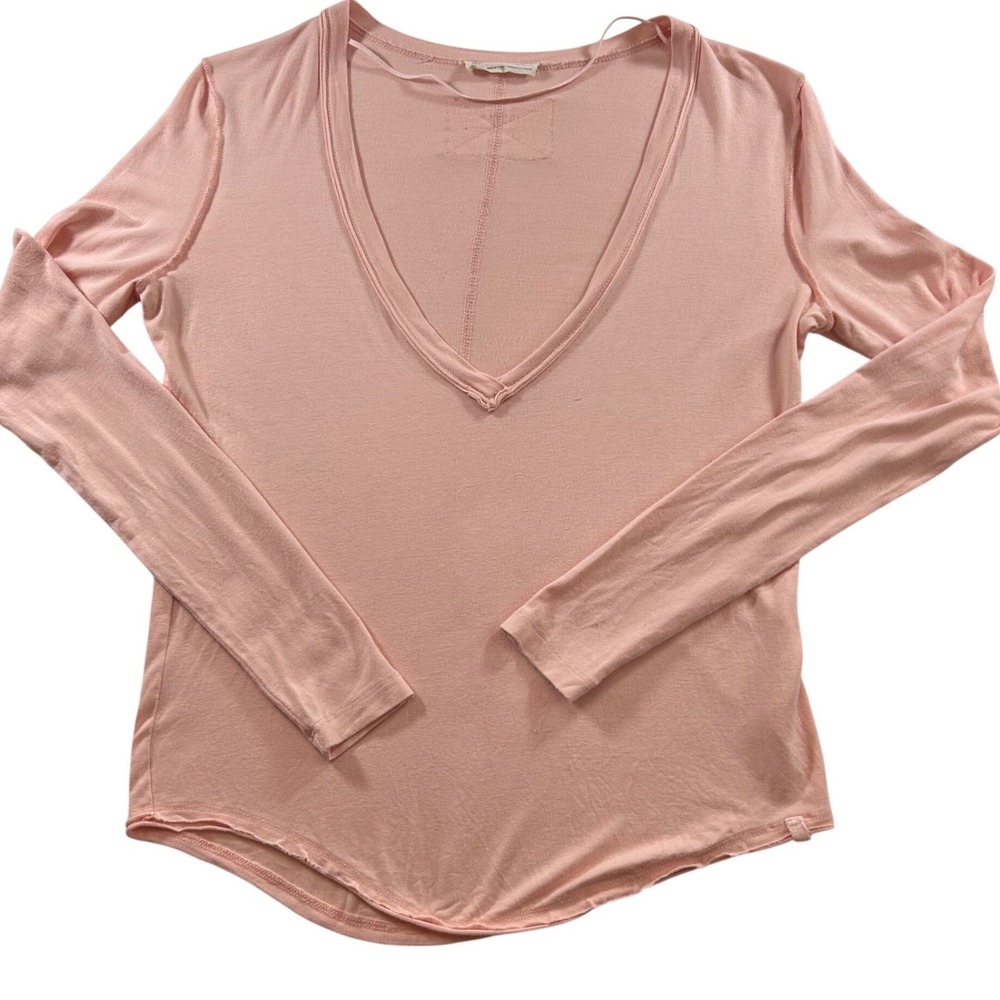 We The Free Free People Womens XS Peach Pink Deep V Neck Long Sleeve Seam Top - Picture 4 of 9